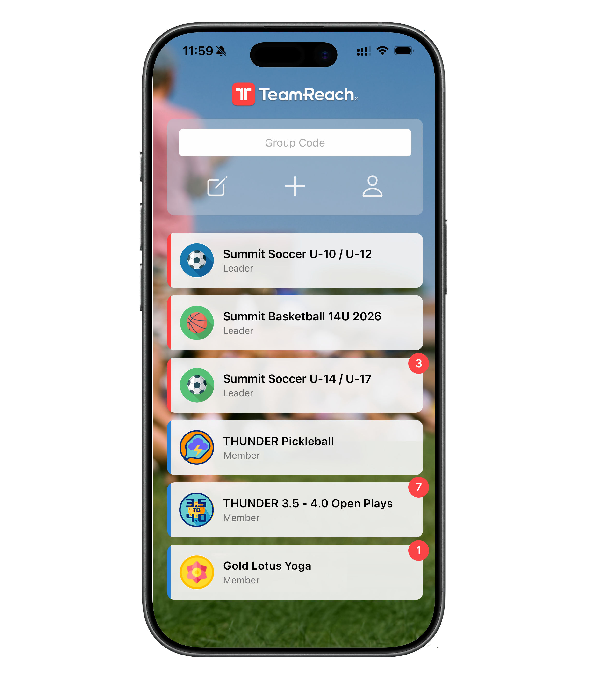 TeamReach app home screen